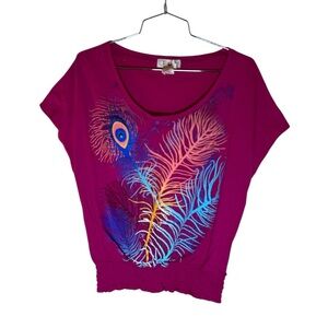 Vibrant Magenta OP Top with Peacock Feather Design Sz M